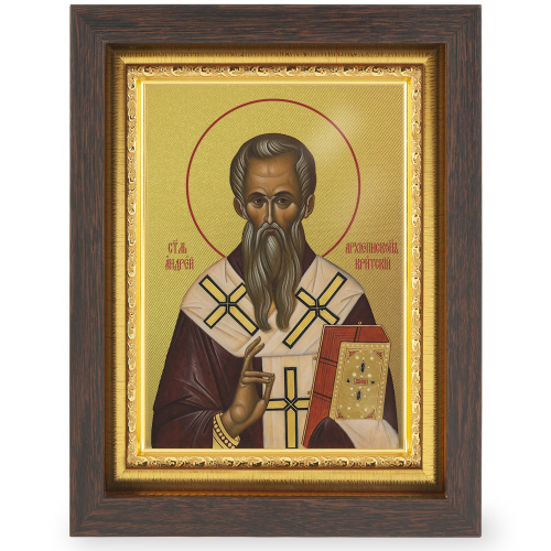 Икона архиепископа Андрея Критского, святителя, в узком багете, цвет "темный дуб", на холсте, с золочением фото 2