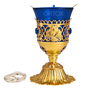 Лампада настольная латунная, позолота, 9х14 см (синий стаканчик)