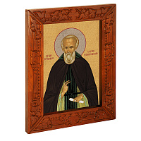 Икона преподобного Сергия Радонежского, в узкой резной раме, цвет "кипарис", холст с золочением, ширина рамы 7 см