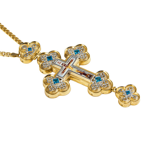 Крест наперсный из ювелирного сплава в позолоте и серебрении с цепью, фианиты, 7,5х14,5 см фото 5