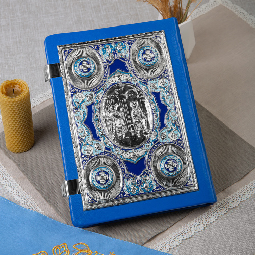 Апостол синий, оклад "под серебро", кожа, эмаль, 23х30 см фото 7