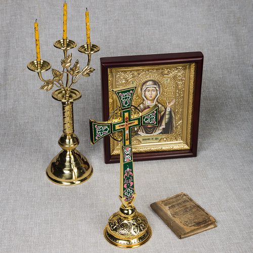 Крест требный четырехконечный, цинковый сплав, зеленая эмаль, камни, 17х29 см фото 2
