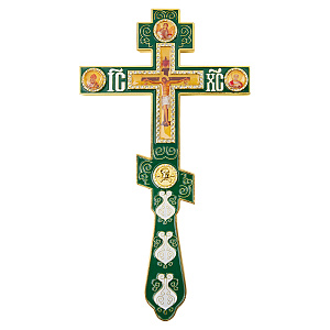 Крест напрестольный, цинковый сплав, зеленая эмаль, камни, 14,5х26 см (гравировка)
