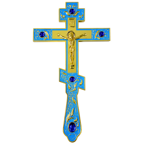 Крест напрестольный, голубая эмаль, синие камни, 14,5х26 см, У-1315