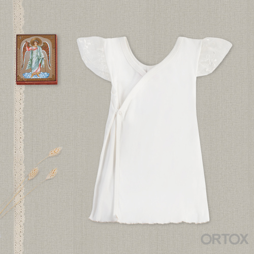 Рубашка для крещения "Ангелочек" молочного цвета из хлопка, с кружевными плечиками фото 2