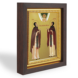 Икона благоверных князей Петра и Февронии Муромских, в узком багете, цвет "темный дуб", на холсте, с золочением (18,4х22,7 см (под икону А6))