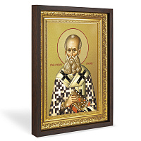Икона святителя Григория Богослова, в широком багете, цвет "темный дуб", на холсте, с золочением