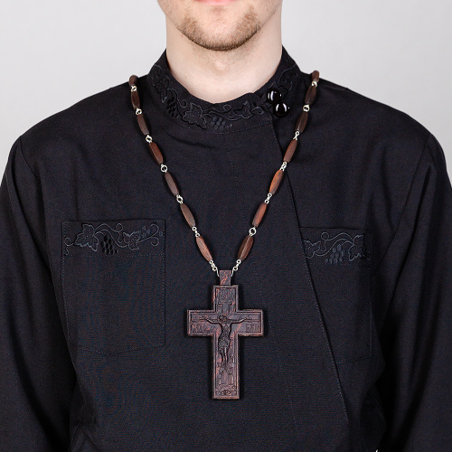 Крест наперсный протоиерейский деревянный темный, с цепью, резной, 7х12 см фото 6