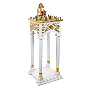 Панихидный стол на 36-50 свечей "Суздальский" белый с золотом (поталь), колонны, резьба, 46х46х100 см (ясень, 36 свечей)