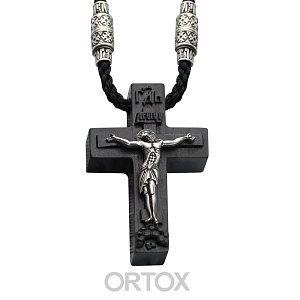 Нательный крест деревянный в серебряном окладе №2 (с гайтаном)