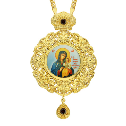 Панагия из ювелирного сплава в позолоте с цепью, белые фианиты, высота 14 см фото 3 Панагия из ювелирного сплава в позолоте с цепью, белые фианиты, высота 14 см фото 3