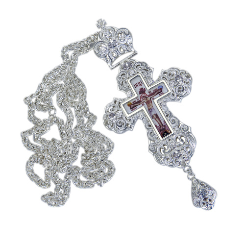 Крест наперсный из ювелирного сплава в серебрении с цепью, фианиты, 8х17,7 см фото 4 Крест наперсный из ювелирного сплава в серебрении с цепью, фианиты, 8х17,7 см фото 4