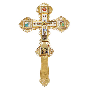Крест напрестольный латунный в позолоте, белые фианиты, 20,5х35 см (цветная печать)