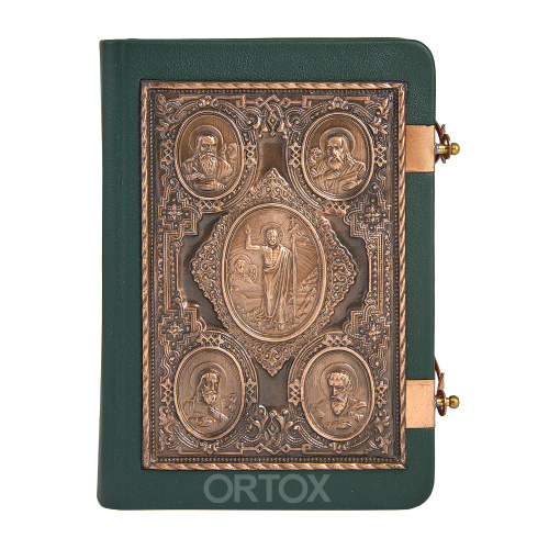 Евангелие требное среднее зеленое, оклад "под бронзу", кожа, 17х22 см