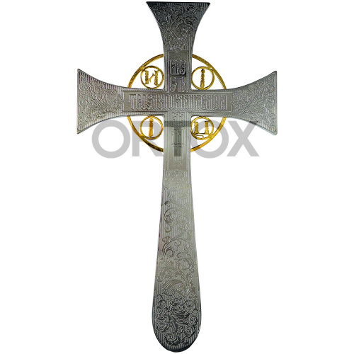 Крест напрестольный латунный "Новгородский", 18х32 см, голубой, золотые буквы фото 2