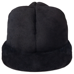 Скуфья зимняя черная, натуральная дубленочная овчина, опушка из мутона (64 размер)