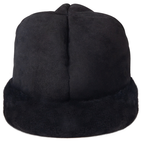 Скуфья зимняя черная, натуральная дубленочная овчина, опушка из мутона