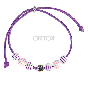 Браслет-шнурок с бусинами и крестиком, фиолетовый (регулируемый размер)