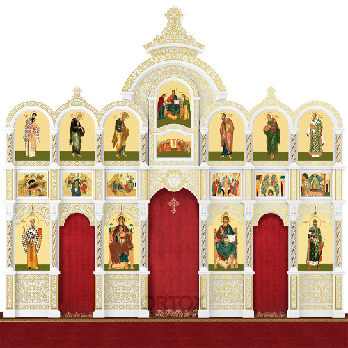 Иконостас "Владимирский" трехъярусный белый с золотом (патина), 690х620х40 см фото 4