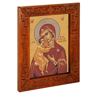 Икона Божией Матери "Феодоровская", в узкой резной раме, цвет "кипарис", холст с золочением, ширина рамы 7 см