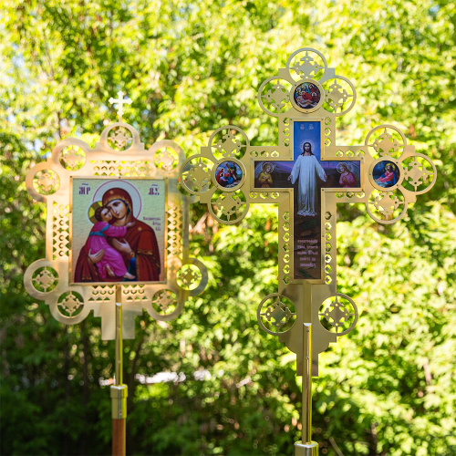Запрестольные крест и икона с ликами Спасителя и Божией Матери "Владимирская", комплект, латунь фото 9