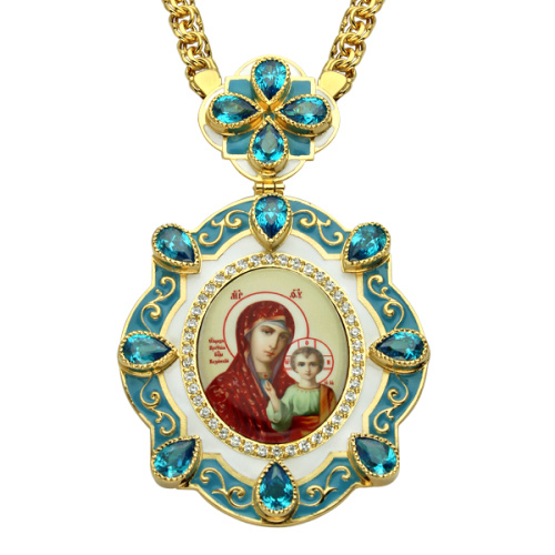 Панагия кабинетная из ювелирного сплава в позолоте с цепью, с эмалью и фианитами, высота 7 см фото 3