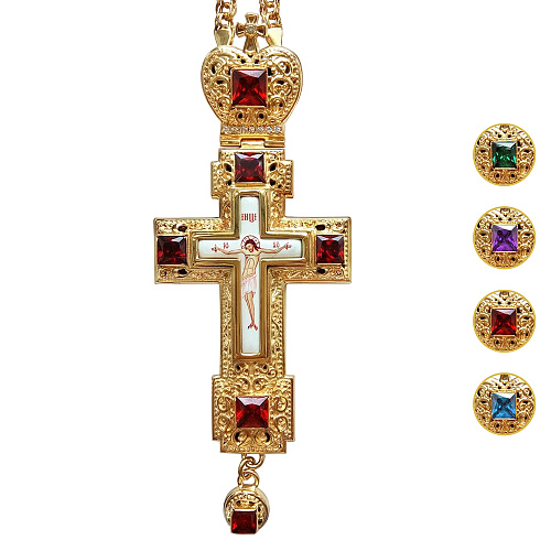 Крест наперсный из ювелирного сплава в позолоте с цепью, фианиты, 6х15 см