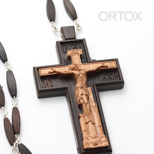 Крест наперсный протоиерейский деревянный резной, с цепью, 7х12 см фото 2