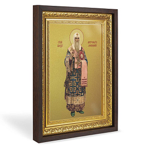 Икона Алексия, митрополита Московского, святителя, в широком багете, цвет "темный дуб", на холсте, с золочением  (33,5х42,2 см (под икону А4))