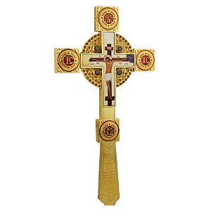 Крест напрестольный из ювелирного сплава в позолоте с фианитами и эмалью, 17,5х34 см (вес 543,89 гр)