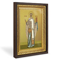 Икона Николая Чудотворца, в широком багете, цвет "темный дуб", на холсте, с золочением, №2