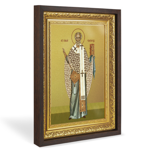Икона Николая Чудотворца, в широком багете, цвет "темный дуб", на холсте, с золочением, №2