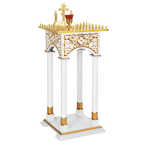 Панихидный стол на 36-50 свечей "Суздальский" белый с золотом (патина), колонны, резьба, высота 100 см (на 50 свечей, сосна)