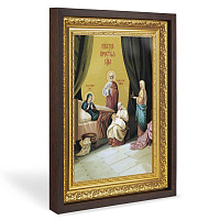 Икона Рождества Пресвятой Богородицы, в широком багете, цвет "темный дуб", на холсте, с золочением, №2