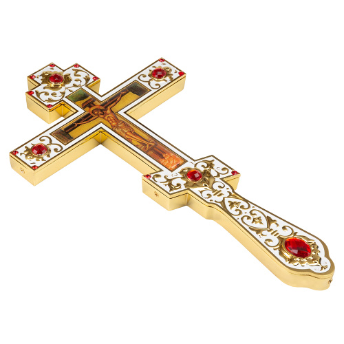 Крест напрестольный, цинковый сплав, белая эмаль, красные камни, 14,5х26 см фото 8