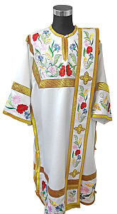 Облачение диаконское белое вышитое, шелк, отделка цветной галун с рисунком (вышивка "Маки")