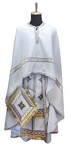 Греческое иерейское облачение белое легкое, лен, цветной галун с рисунком (машинная вышивка)