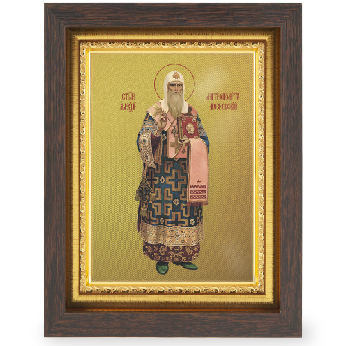 Икона Алексия, митрополита Московского, святителя, в узком багете, цвет "темный дуб", на холсте, с золочением фото 2