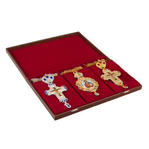 Футляр тройной для наперсного креста и панагии, искусственная кожа, 34х22х4 см, коричневый (бордовый флок)