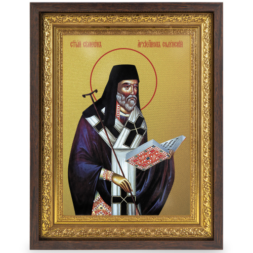 Икона святителя Симеона Солунского, в широком багете, цвет "темный дуб", на холсте, с золочением фото 2