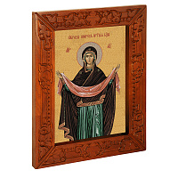 Икона Божией Матери "Покров Пресвятой Богородицы", в узкой резной раме, цвет "кипарис", холст с золочением, ширина рамы 7 см