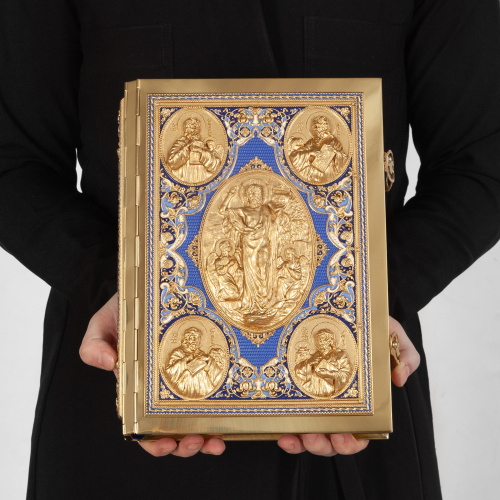 Евангелие напрестольное синее, полный оклад "под золото", 24х31 см фото 4