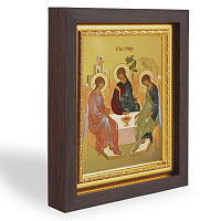 Икона Святой Троицы, в узком багете, цвет "темный дуб", на холсте, с золочением