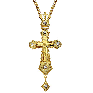 Крест наперсный "Наградной" из ювелирного сплава в позолоте с цепью, фианиты, 6,5х15 см (белые фианиты)