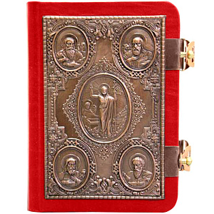 Евангелие требное малое красное, оклад "под бронзу", бархат, 12х16 см (церковно-славянский язык)