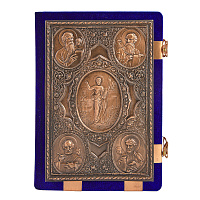 Евангелие напрестольное синее, оклад "под бронзу", бархат, 24х31 см