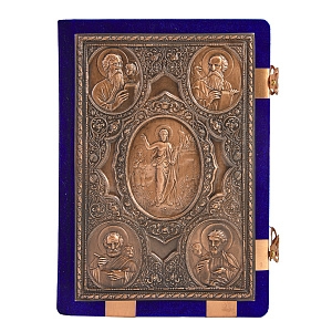 Евангелие напрестольное синее, оклад "под бронзу", бархат, 24х31 см (церковно-славянский язык)