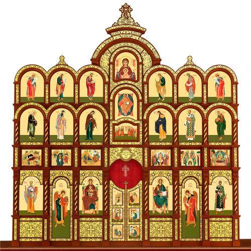 Иконостас деревянный резной "Владимирский" четырехъярусный, цвет "кипарис" с золотом (поталь), 690х730х45 см фото 2