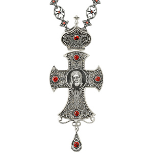 Крест-мощевик наперсный серебряный, красные фианиты, высота 11 см (с чернением)