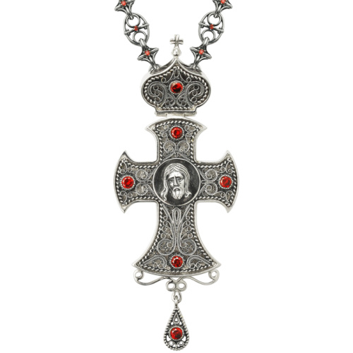 Крест-мощевик наперсный серебряный, красные фианиты, высота 11 см